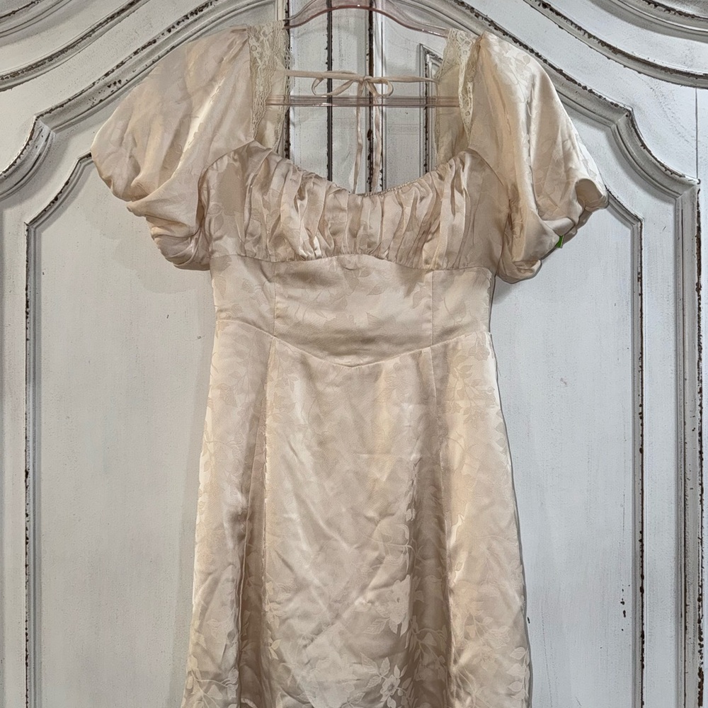 All in Favor Ivory Cream Floral Satin Dress with Puff Detail